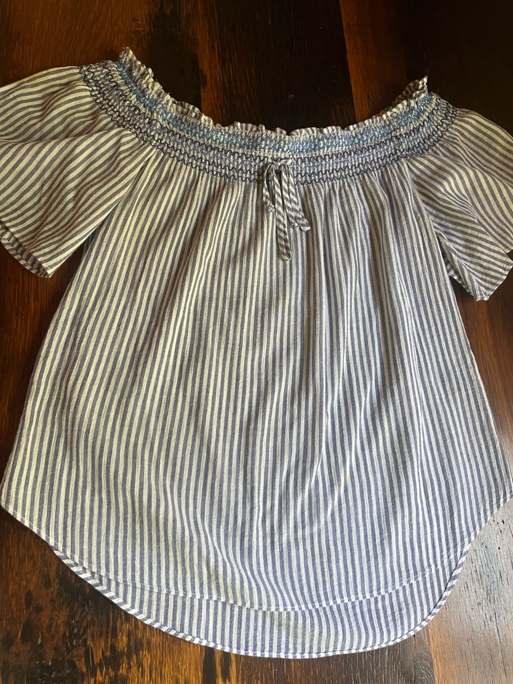 Ralph Lauren Petite Small Classic Blue & White Striped Off-Shoulder Women's To